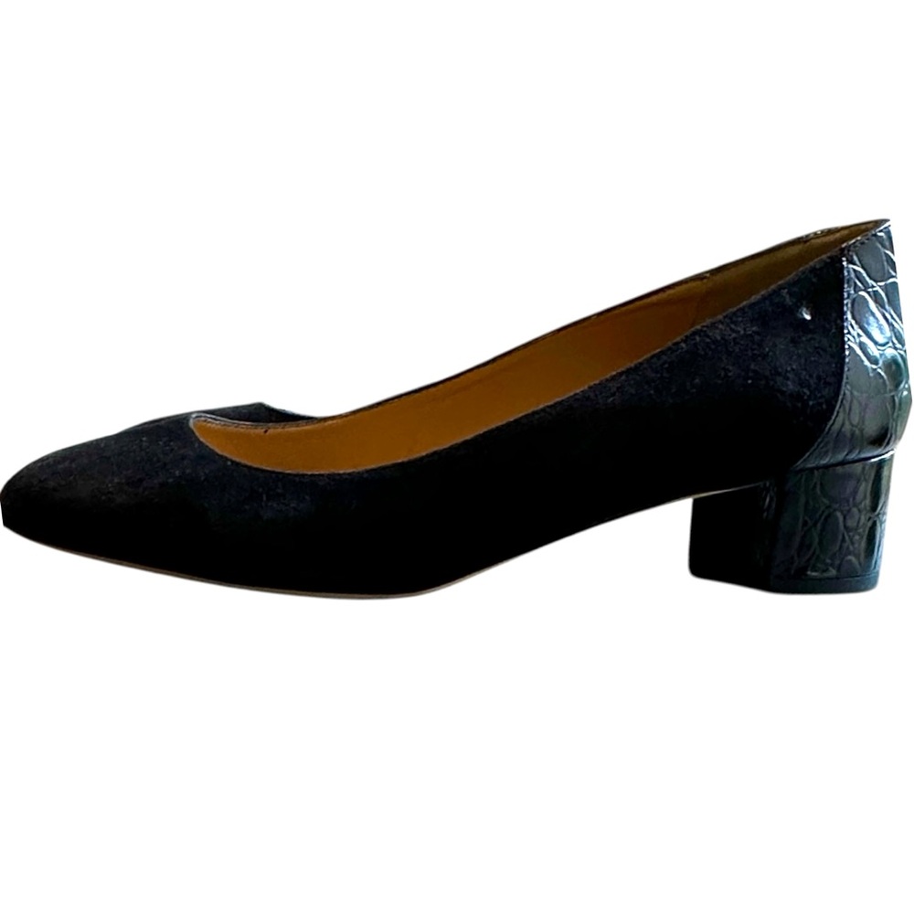 Women’s Black Leather Suede Pump with Faux Reptile Skin Heel Size 10 EUC